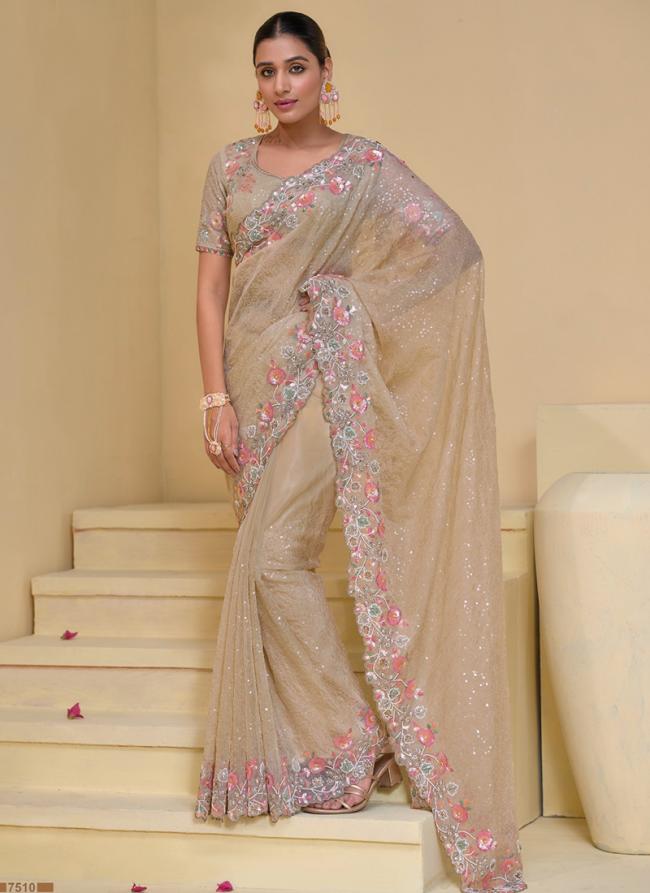 Pure Banarasi Tuscany Beige Wedding Wear Moti Work Saree